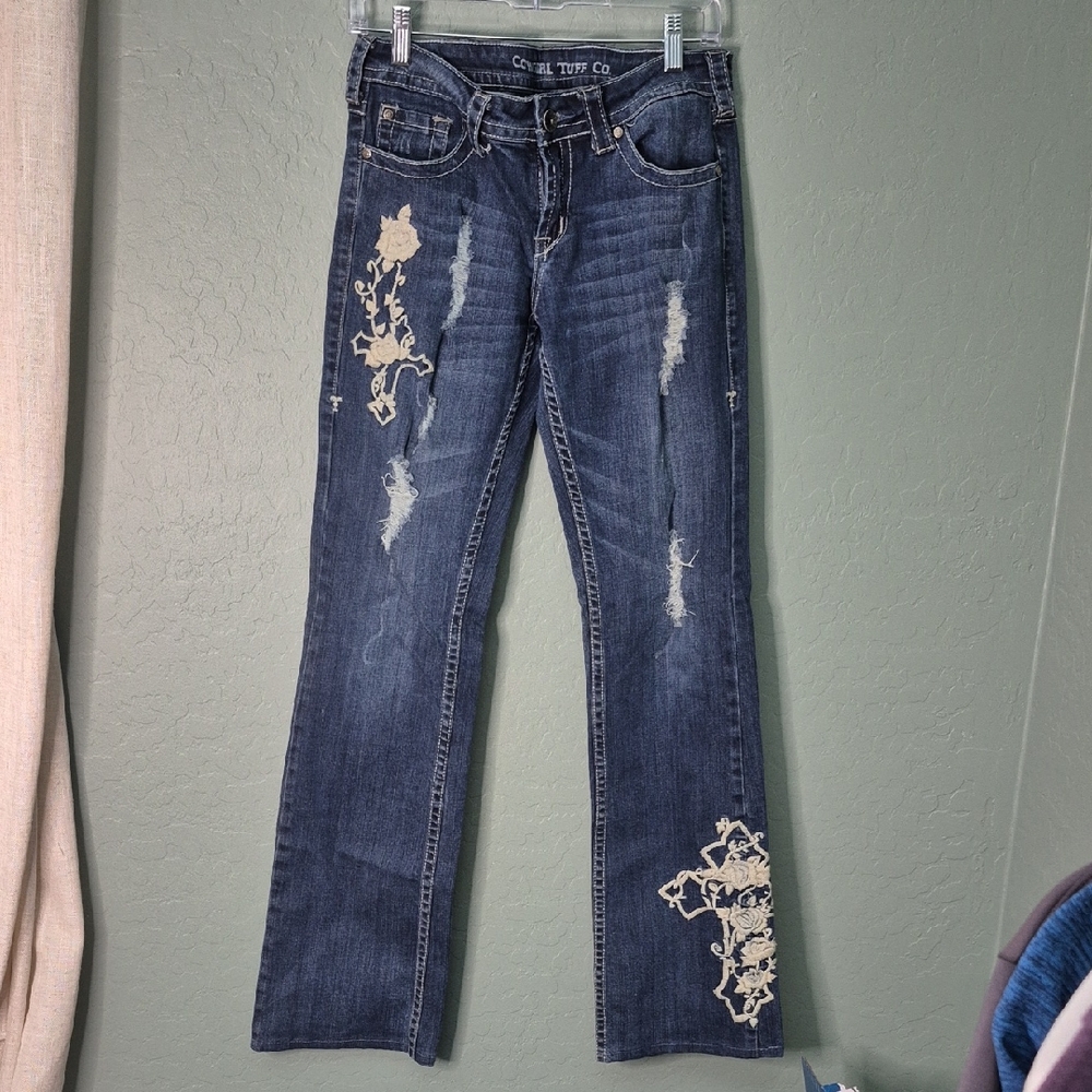 Cowgirl Tuff Blue Flare Jeans with Beige Embroidery